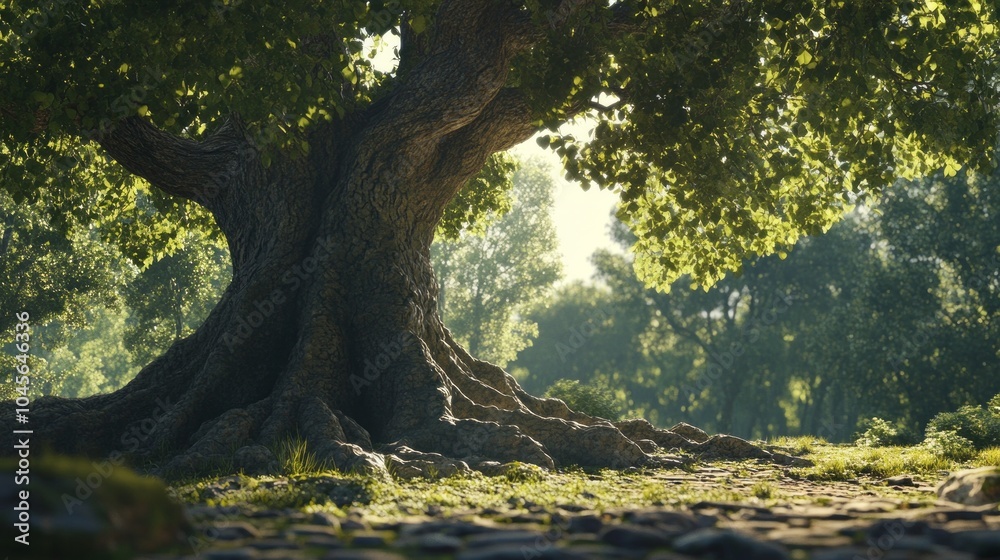Poster A large tree with a trunk that is very thick and has a lot of branches