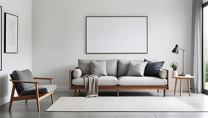 rustic sofa sits large blank poster frame modern scandinavian style living room setting