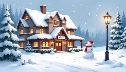 Fototapeta premium Charming winter hotel with snow-covered roof, snowman, and festive atmosphere