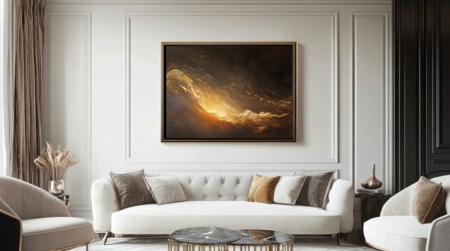 Frame mockup displayed in a high-end home, with designer furniture and luxurious materials creating an opulent atmosphere