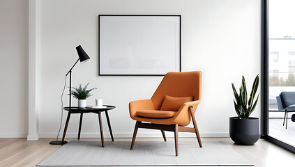 armchair sits white wall surrounded modern furniture large frame poster scandinavian style setting
