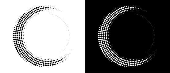Modern abstract background. Halftone dots in circle form. Letter C like logo, icon or design element. Black dots on a white background and white dots on the black side. © Mykola Mazuryk