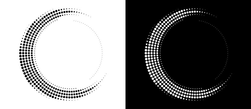 Modern abstract background. Halftone dots in circle form. Letter C like logo, icon or design element. Black dots on a white background and white dots on the black side.
