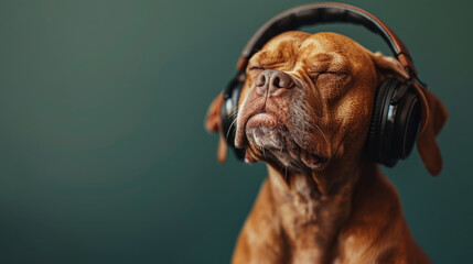 half body shot of a humanoid dog, wearing headphones, closed eyes, in solid green backdrop, copy space on left side