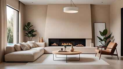 beige stucco wall features rustic minimalist home furniture placed create cozy living room atmosphere
