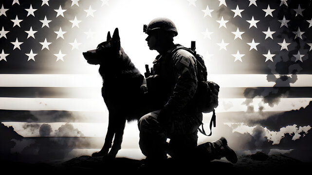 Army dog with soldier handler silhouette on USA American flag Patriotism Animal Friend Puppy Breed Liberty Freedom Mammal Monochrome color