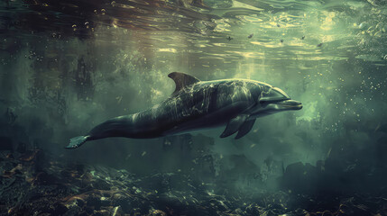 Fototapeta premium dolphin swimming gracefully in serene underwater environment, surrounded by mystical ambiance and soft light filtering through water. scene evokes sense of tranquility and wonder
