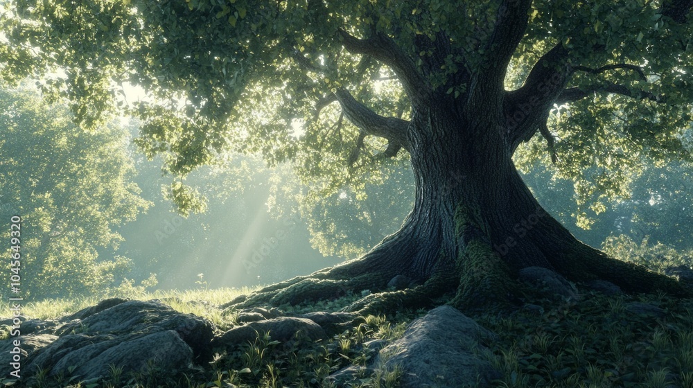 Poster a large tree with a trunk that is covered in moss and leaves