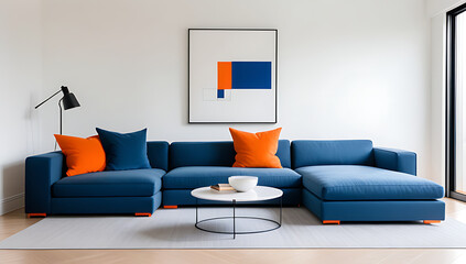 blue sofa minimalist home modern living room decor featuring orange pillows