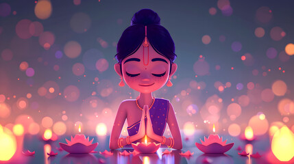 Indian lady with candles. A girl performs a ritual, Traditions and religion, Buddhism. Diwali festival, holiday. The character prays to God
