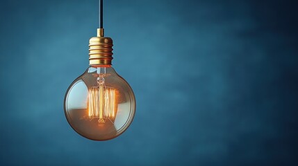 A glowing vintage light bulb hangs against a dark blue backdrop, illuminating the space with a warm, soft light.