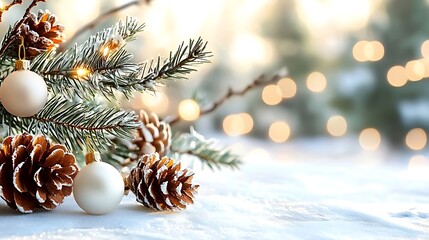 Festive Pinecones and Ornaments on Blurry White Background