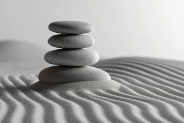 Tranquil stacked stones on a sandy surface with gentle ripples in the background