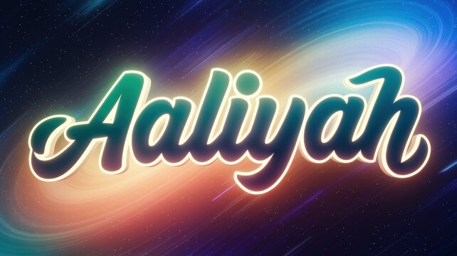 Vibrant Neon Text Art: 'Aaliyah' against a Colorful Cosmic Background, Ideal for Music or Tribute Designs