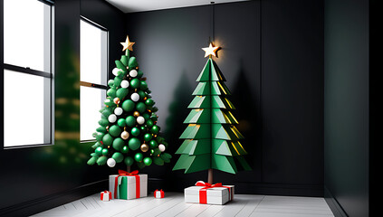 christmas decorations fill small room festive green tree behind darkened black walls detailed rendering