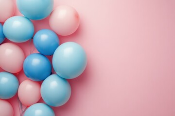 Brightly colored balloons cluster against a soft pink background, creating a playful atmosphere