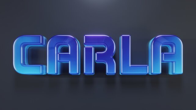 3D Text Design: Vibrant blue and purple glowing letters spell 'CARLA' on a sleek dark background, suitable for branding and digital art.