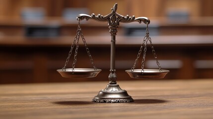 A silver scale of justice sits on a wooden table in front of a courtroom.