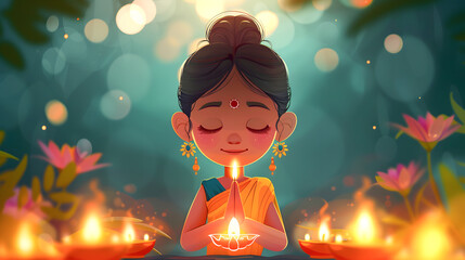 Indian lady with candles. A girl performs a ritual, Traditions and religion, Buddhism. Diwali festival, holiday. The character prays to God