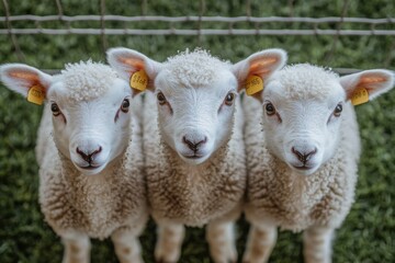 Obraz premium Three curious lambs lined up by a fence in a green pasture during daylight hours