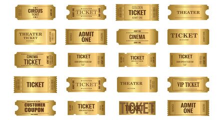 Vector big set of golden ticket template white isolated background. Invite gold ticket for casino, theater, cinema, movie, coupon, voucher.