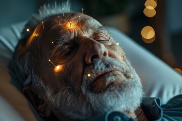 Senior Man Undergoing Acupuncture Therapy in Modern Wellness Center with Relaxing Atmosphere
