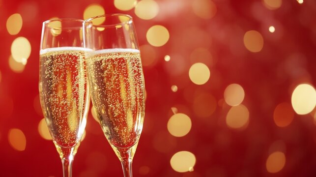 Two elegant flutes filled with sparkling champagne stand close together, reflecting the warm glow of a festive red background, suggesting a joyous occasion and celebration with friends or family.