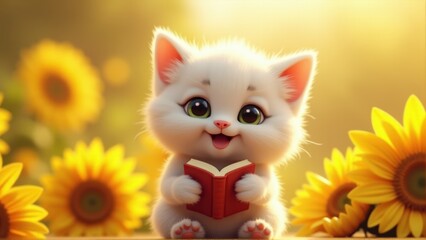 A cute white kitten holding a red book sits among vibrant sunflowers under warm sunlight, creating a joyful and whimsical scene.