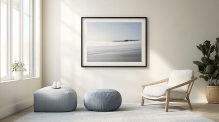 Frame mockup in a minimalist living room, paired with sleek decor and neutral tones for a calming atmosphere