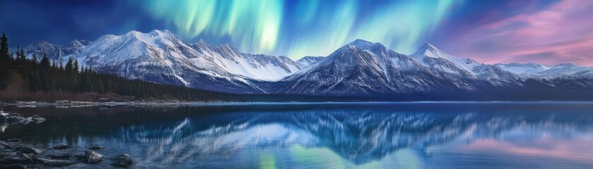 Ethereal aurora lights flickering above snow-capped mountains, with the lights reflecting in a clear mountain lake