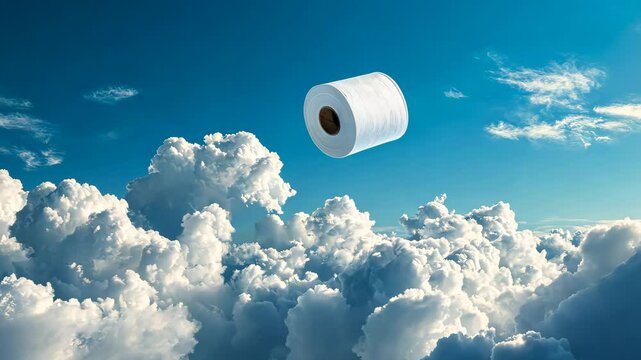 Toilet paper gracefully drifting above a dreamy sea of clouds