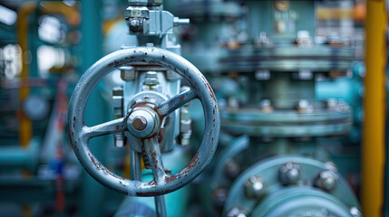 Fototapeta premium Close up of refinery valve, showcasing intricate details and textures in fuel processing environment. industrial setting highlights importance of machinery in energy production