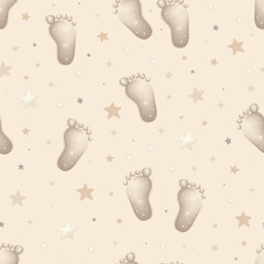 Cute baby seamless pattern with cute starry sky, and footprints. Hand drawn boho nursery design for kids bedroom. Childish wall art print.