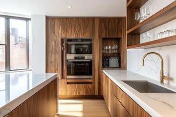 Modern kitchen with walnut cabinets and white walls, featuring an oven in the center of one wall