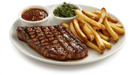 Grilled Steak with Fries and Fresh Herbs Garnish