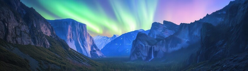 Ethereal aurora lights in shades of green and violet, shimmering above a vast valley surrounded by towering mountains