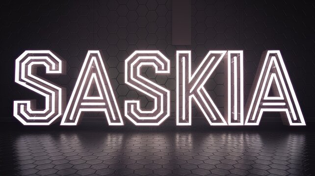 Neon Sign: Bright 'SASKIA' Letters with Geometric Design in a Modern Interior, Suitable for Branding or Events