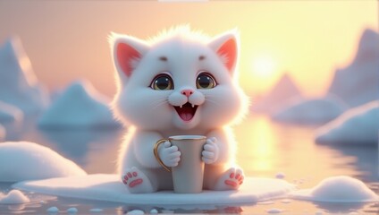 Fototapeta premium Adorable fluffy kitten with big eyes delightfully holding a cup while sitting on snow against a serene sunset backdrop.