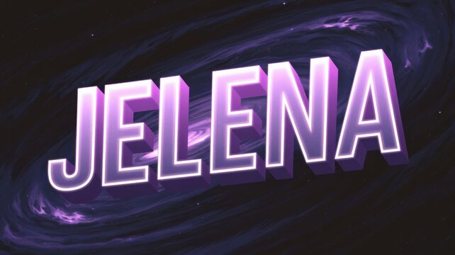 Digital Artwork: Vibrant Text 'JELENA' Against a Cosmic Background, Perfect for Branding or Personal Projects