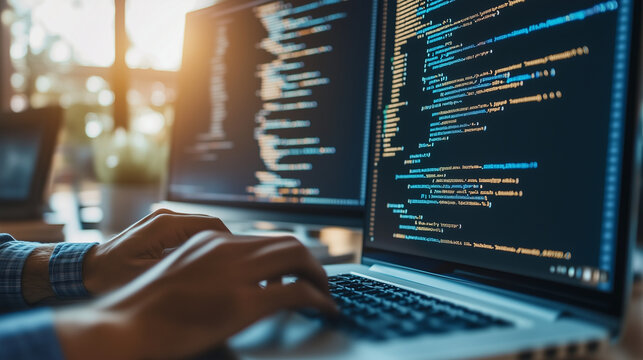 Programmer working On Computer In IT Office Typing Data Coding in software and checking code on computer screen.