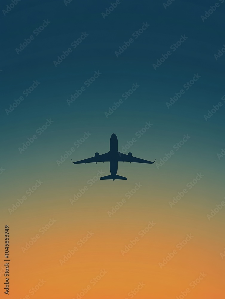 Poster An airplane silhouette glides through a beautiful twilight sky, representing the thrill and freedom of exploring new destinations. Generative AI
