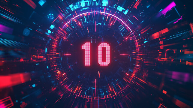 A 10-second countdown timer with a retro digital font, featuring flickering numbers that occasionally glitch out with static and distortion effects. The background pulses with vibr