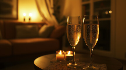 Two glasses of Sekt (champagne) on a small, intimate table in a cozy room. The glasses are filled with the sparkling wine, with bubbles rising up as soft candlelight flickers in th