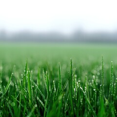Obraz premium Dew-covered grass on a misty morning, green blades shining under soft light.