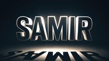 3D Text Rendering: Illuminated 'SAMIR' with Shadows for Creative Branding and Design Use