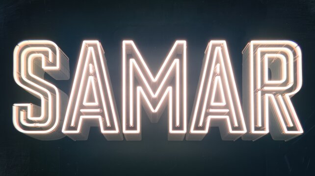 Neon Sign: Illuminated 'SAMAR' Text with Bright, Bold Colors Ideal for Advertising and Branding