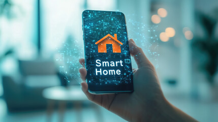 Human hand holding smartphone with house icon and "Smart Home" inscription on blurred room background, technology, mobile phone, home appliance control