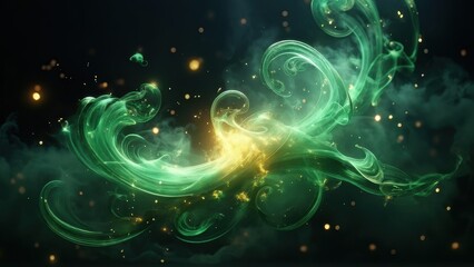 Obraz premium A swirling green abstract design with glowing particles, evoking a mystical atmosphere.