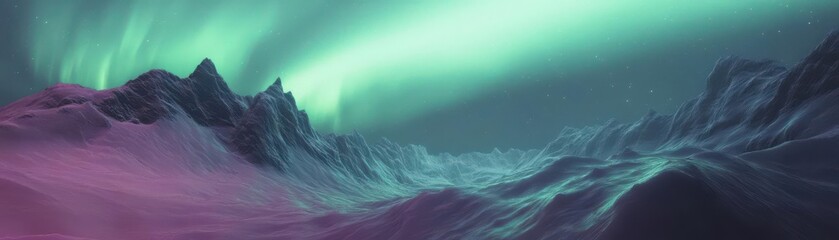 Ethereal green and purple aurora lights flowing like waves above a rugged, snow-capped mountain range