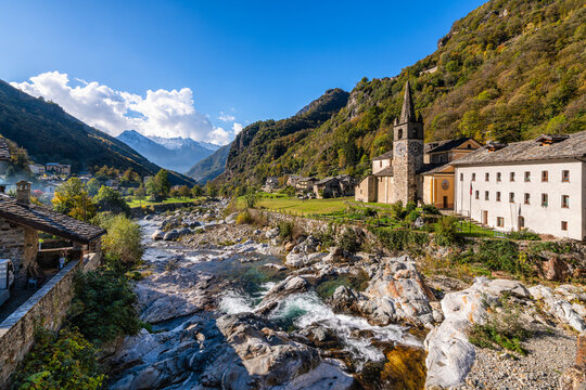 The beautiful village of Lillianes in the Lys Valley during fall season. Aosta Valley, northern Italy.
